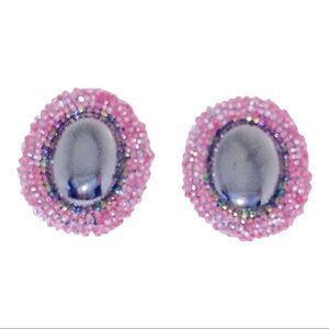 Vintage hematite and ab pink lavender glass beaded earrings pierced artisan made